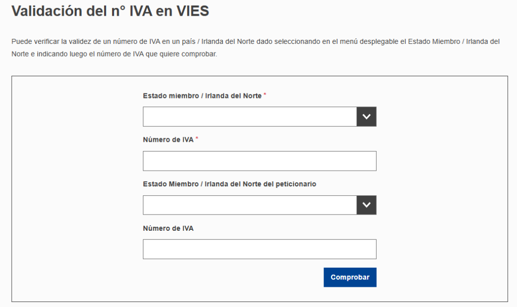 ventana de consulta en el sistema VIES para comprobar que una empresa esta dada de alta en el ROI