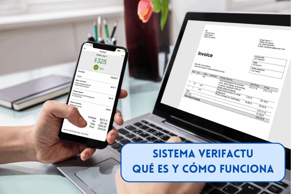 persona usando verifactu y registrando la factura en su software de facturación y contabilidad