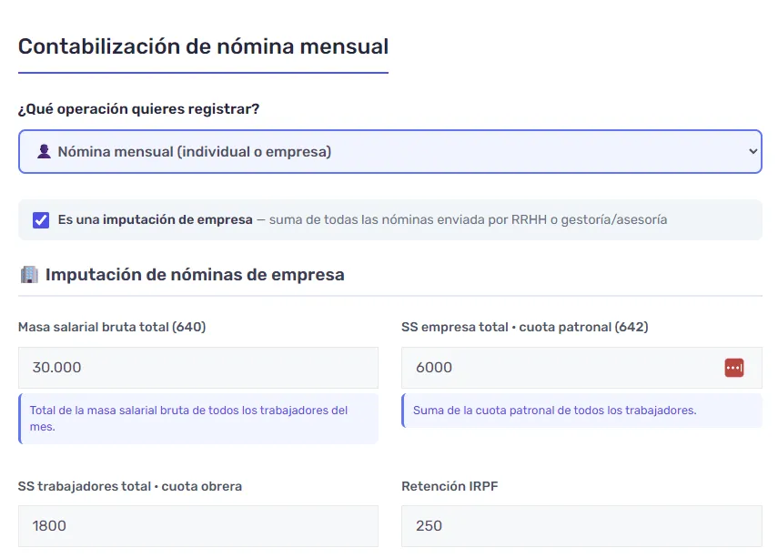 Cómo contabilizar una nómina - Asiento contable y ejemplos 2 simulador asientos contables nominas.png