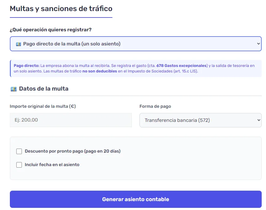 Cómo contabilizar una multa de tráfico - Asientos contables y ejemplos 2 simulador asiento contable multa de trafico.png
