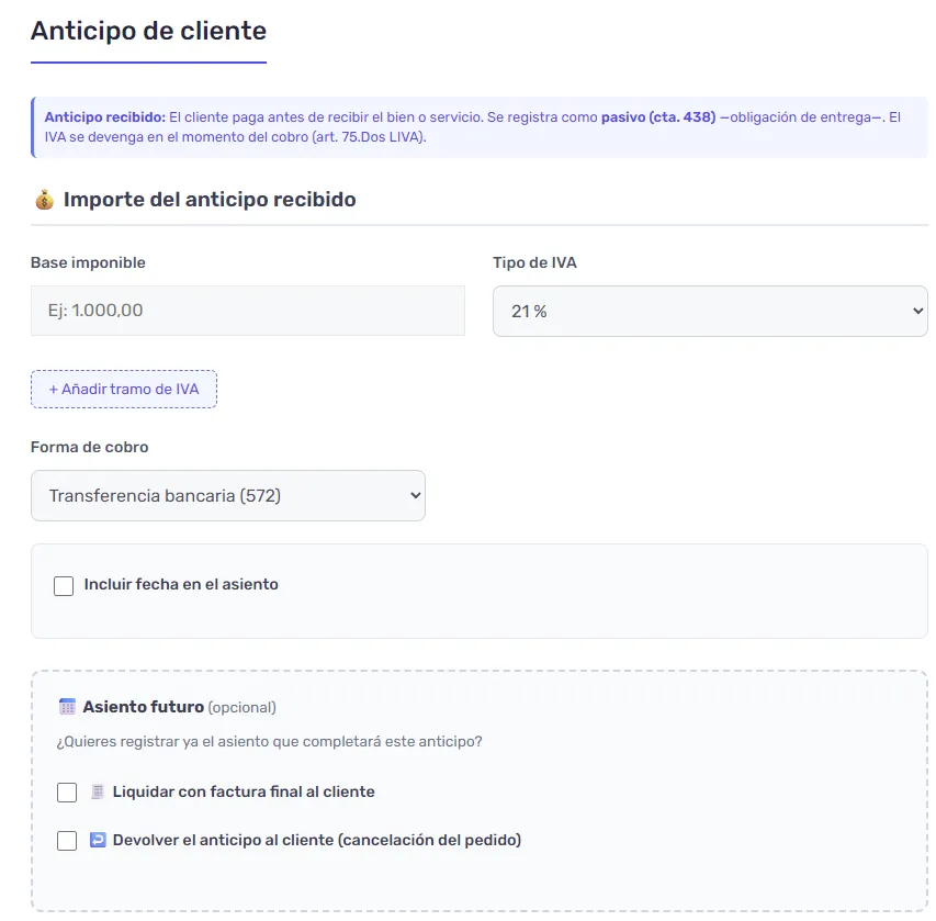 Cómo contabilizar anticipos a clientes - Asientos contables y ejemplos 2 simulador asientos contables anticipos a clientes.png