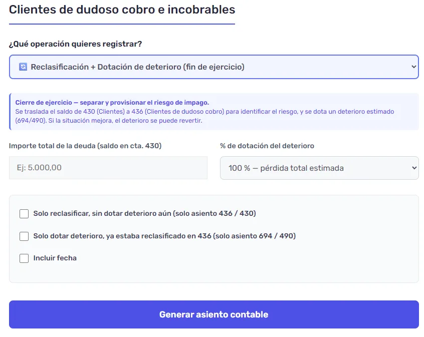 Cómo contabilizar clientes de dudoso cobro e incobrables - Asientos contables y ejemplos 2 simulador de asientos contables de clientes de dudoso cobro o incobrables.png