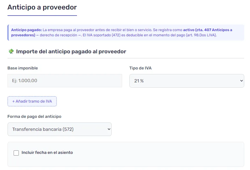 Cómo contabilizar un anticipo a proveedores | Asientos contables y ejemplos 2 Simulador de asientos contables Anticipo a Proveedores.png